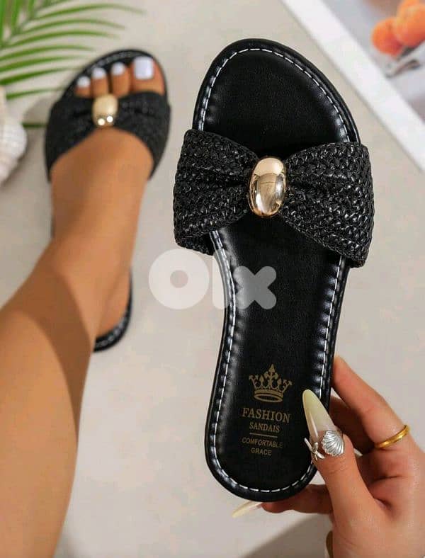 New Comfortable Woman Bowl Metal Decor Straw Braided Flat Sandals 5