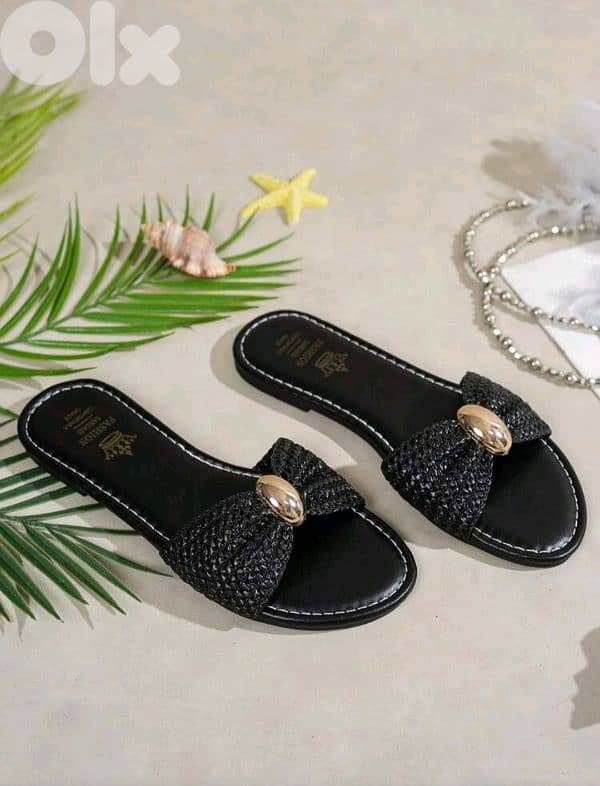 New Comfortable Woman Bowl Metal Decor Straw Braided Flat Sandals 9