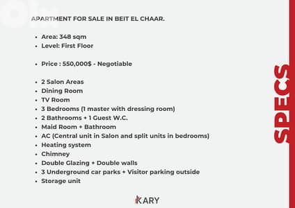 348m2Apartment for Sale in Beit El Chaar - ٣٤٨ متر للبيع في بيت الشعار