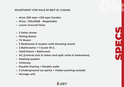 460m2 Apartment+Garden for sale in Beit el Chaar للبيع في بيت الشعار