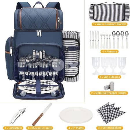 Double Deck Leakproof Cooler Picnic Backpack For 4 Persons Navy Blue 2 0