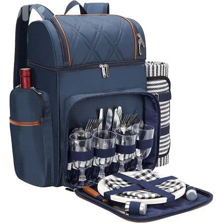 Double Deck Leakproof Cooler Picnic Backpack For 4 Persons Navy Blue 2 2
