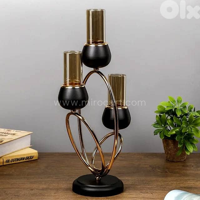 Amber Glass 3-Arm Candle Holder — Black & Gold 0