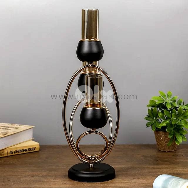 Amber Glass 3-Arm Candle Holder — Black & Gold 2