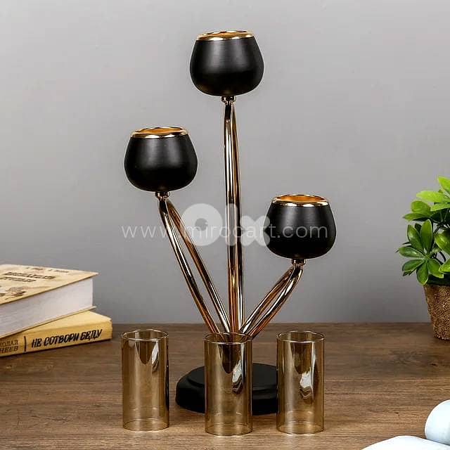 Amber Glass 3-Arm Candle Holder — Black & Gold 4