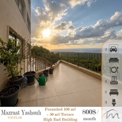 Mazraat Yashouh | Furnished 160m² + 50m² Terrace | Sea & Mountain View