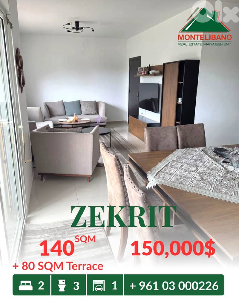 140sqm Apartment In New Building For Sale in Zekrit with 80sqm Terrace 0