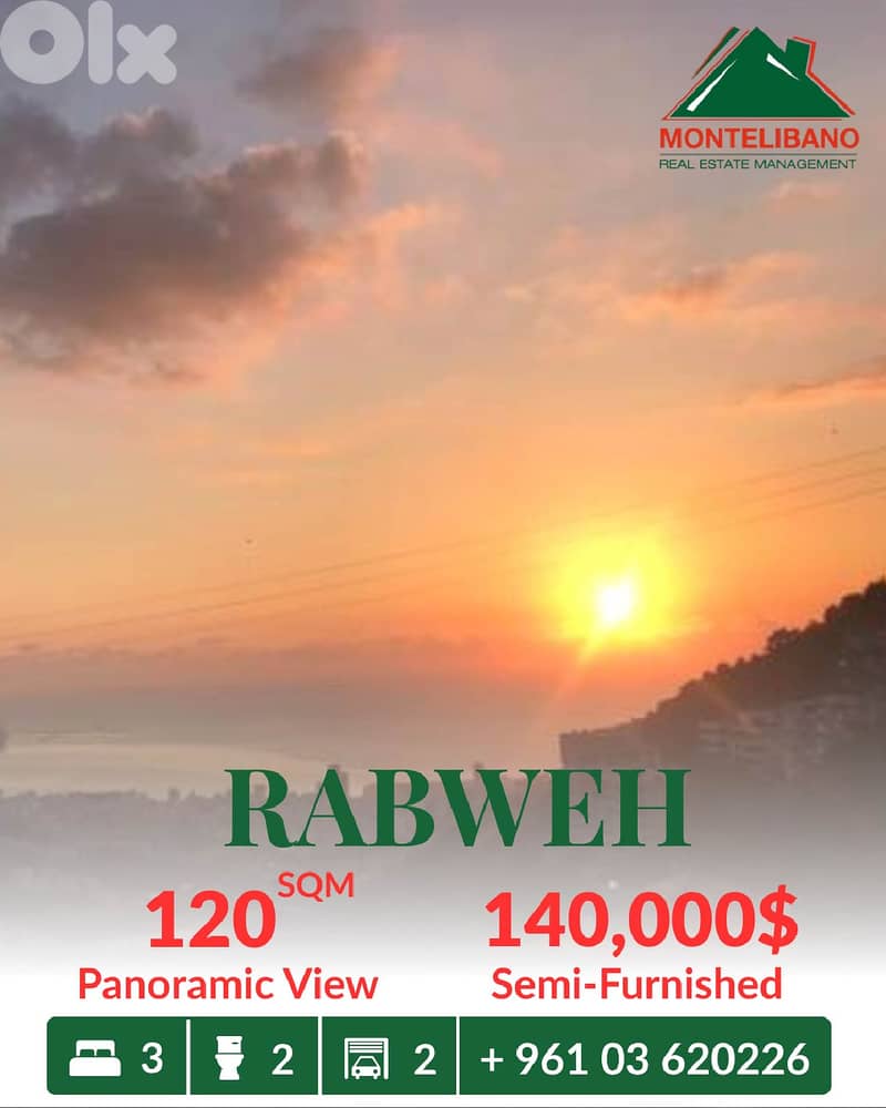Semi-Furnished 120sqm Apartment For Sale in Rabweh with Panoramic View 0