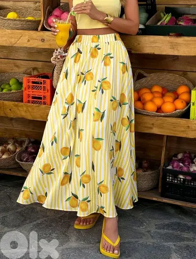 New Woman Striped Colorful Fruit Print Loose Casual Daily Summer Skirt