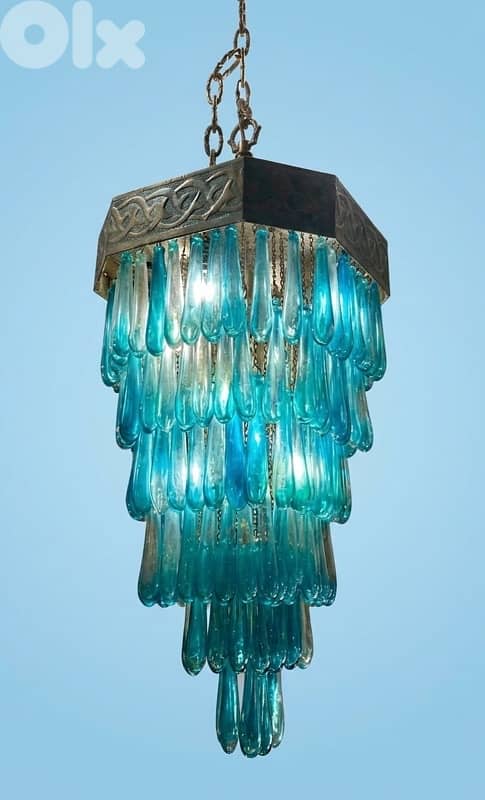 Antique turkish chandellier Murano glass blue petals 0