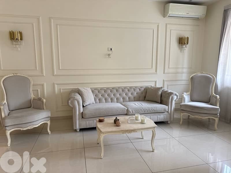 Chic Beige Sofa Set with Armchairs & Marble Table 0