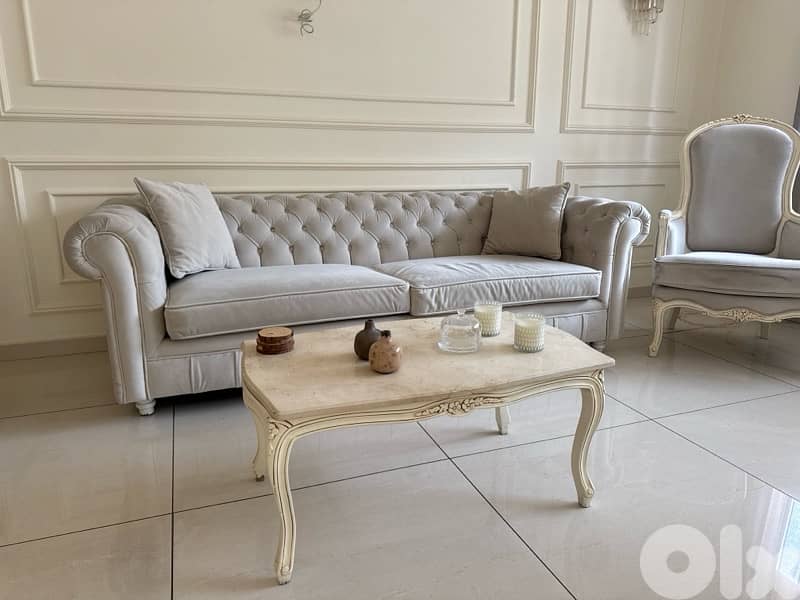 Chic Beige Sofa Set with Armchairs & Marble Table 2