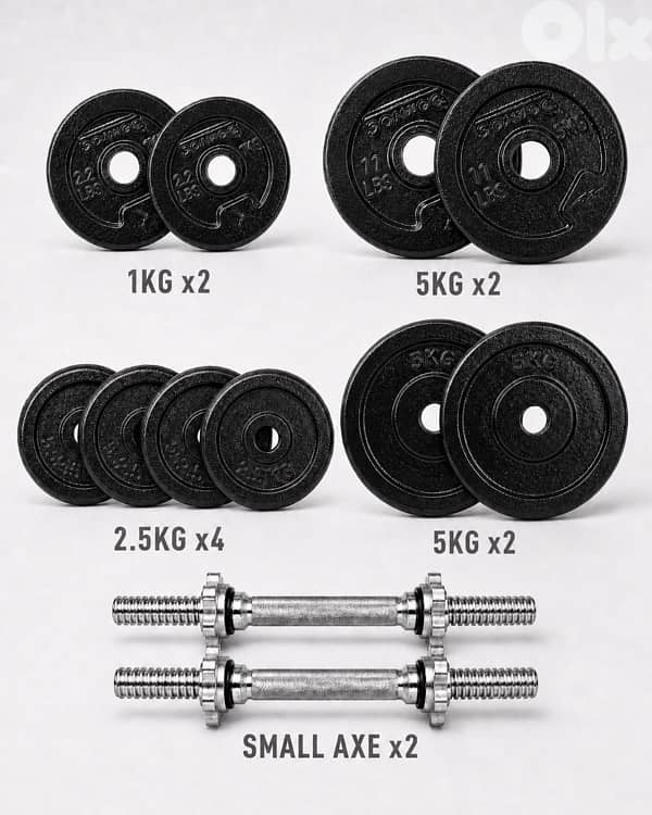 32Kg Cast Iron Weights Plates with 2 Dumbbells Bars 0