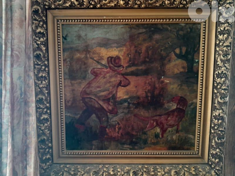 Oil on canvas antique painting  Hunter Scene signed and framed 0