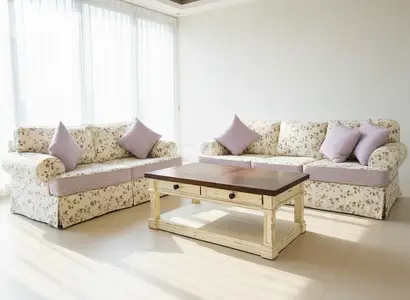 Salon Set: Floral 3-Seater & 2-Seater Sofas with Wood Coffee Table