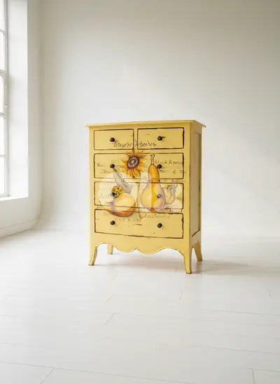 French Country Chest of Drawers botanical hand-painted details