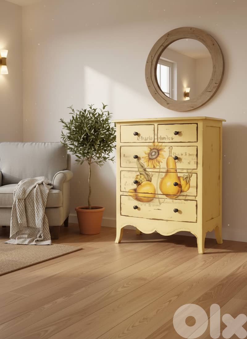 French Country Chest of Drawers botanical hand-painted details 2