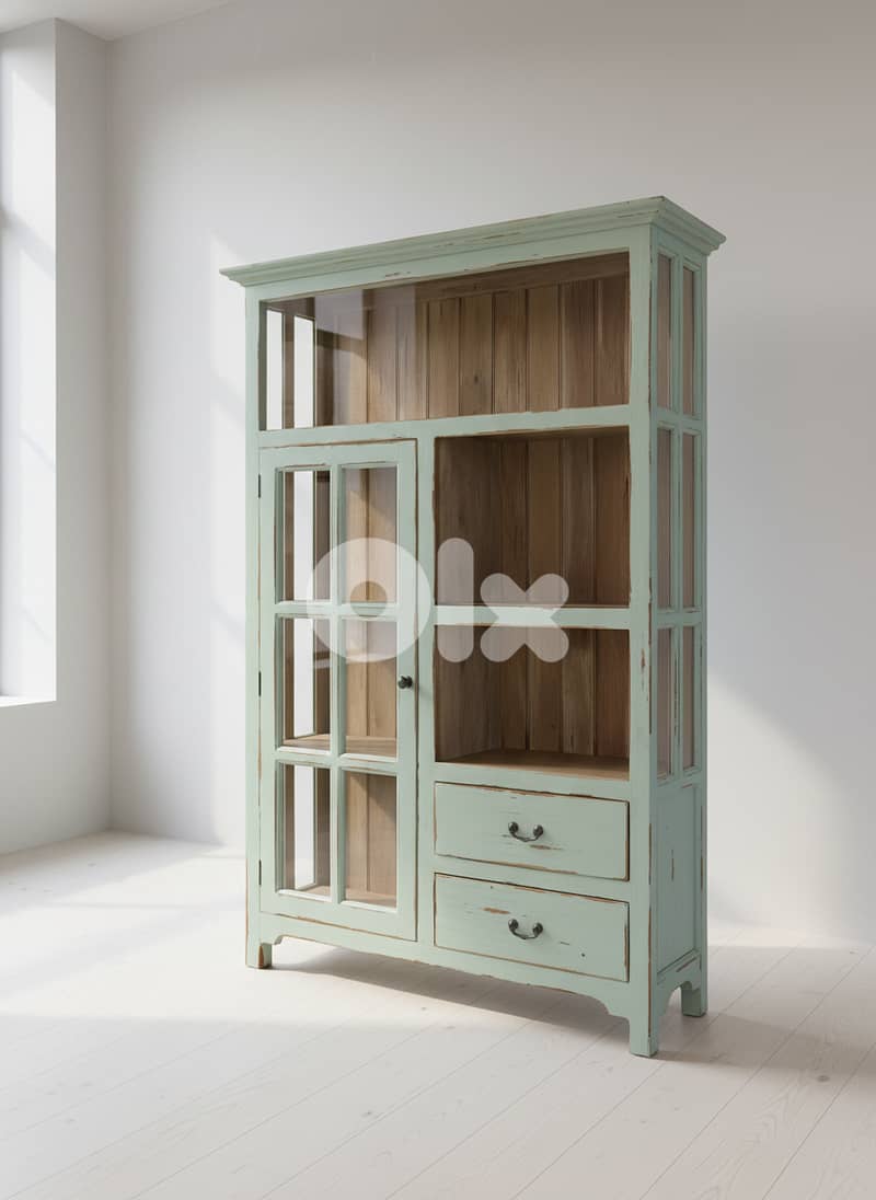 Rustic Olive Green Cabinet: Glass Door, Open Shelving & 2 Drawers 0