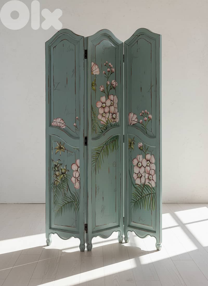 Vintage French Country Room Divider Hand-Painted 3-Panel Floral Screen 0
