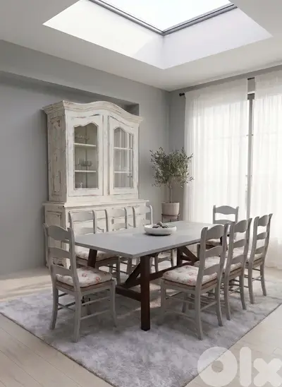 10-Piece French Country Dining Set: Large Cabinet, Table & 8 Chairs