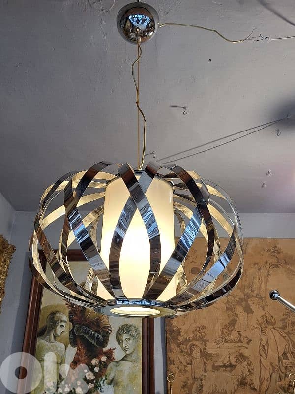 antique chrome and opaline midcentury chandelier 0