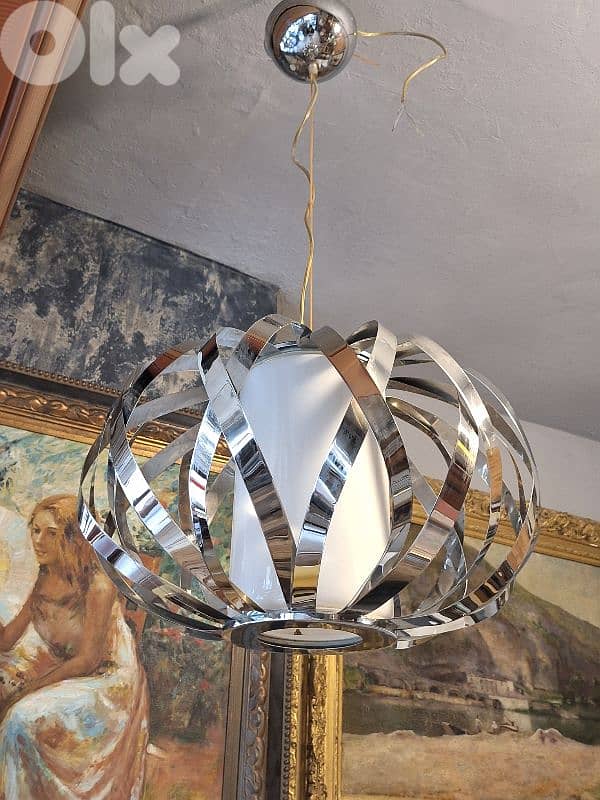 antique chrome and opaline midcentury chandelier 1