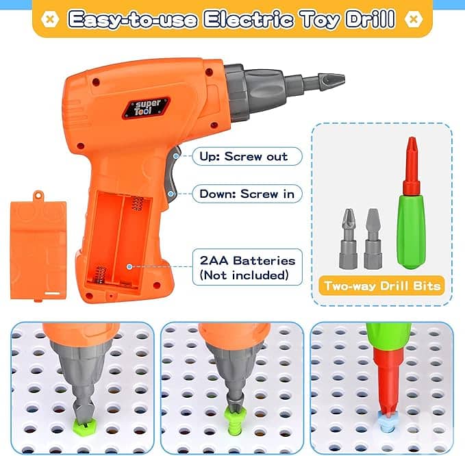 STEM Design and Drill Toy for Kids Ages 3-8, 237 Pcs Electric Drill To 1