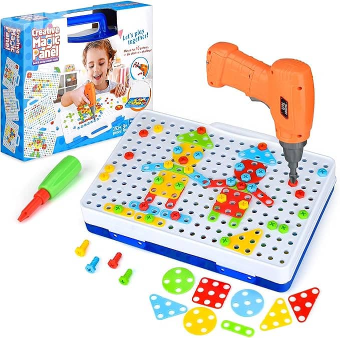 STEM Design and Drill Toy for Kids Ages 3-8, 237 Pcs Electric Drill To 2