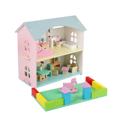 Colorful Wooden Doll House with Furniture 33 x 34 x 33 CM-بيت دمى خشبي