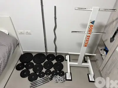 60kg Home Gym Set – Plates, Dumbbells, Barbell + EZ Bar + Stand