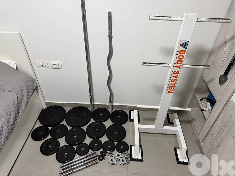 60kg Home Gym Set – Plates, Dumbbells, Barbell + EZ Bar + Stand 0