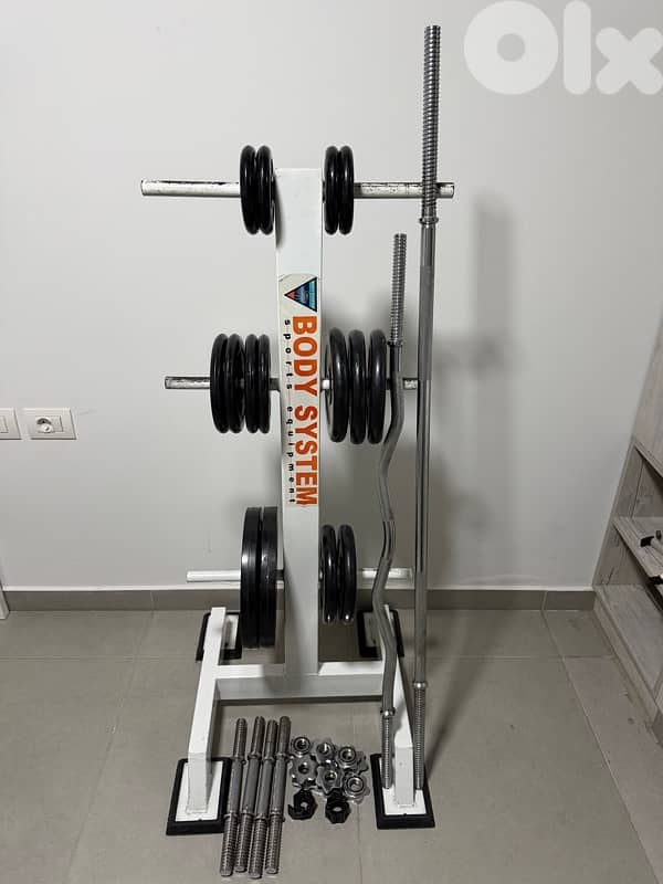 60kg Home Gym Set – Plates, Dumbbells, Barbell + EZ Bar + Stand 2
