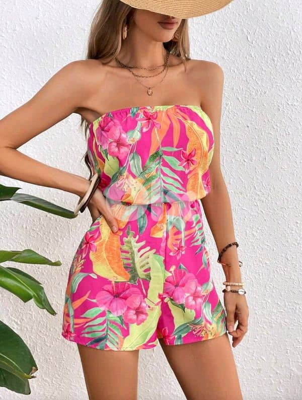 New Woman Strapless Colorful Tropical Floral Printed Summer Romper 4