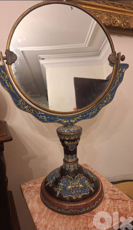 Antique Cloisonné Round Table Mirror 0