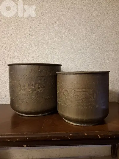 Vintage Hand-Hammered Brass Pots with Arabic Calligraphy