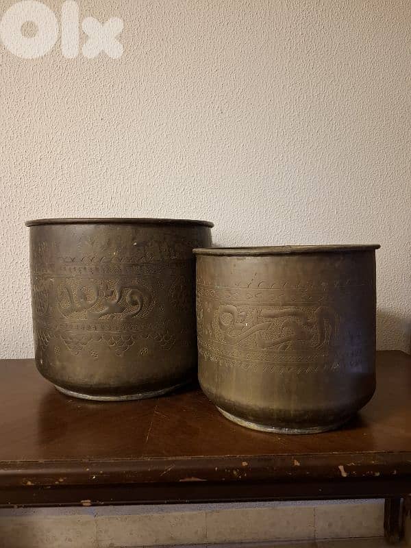 Vintage Hand-Hammered Brass Pots with Arabic Calligraphy 0