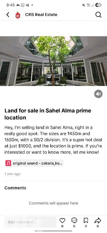 land for sale sahel alma 1450$ hot deal prime location  just 1000$/m