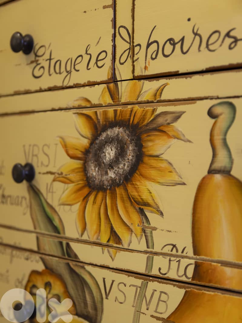 French Country Chest of Drawers botanical hand-painted details 7
