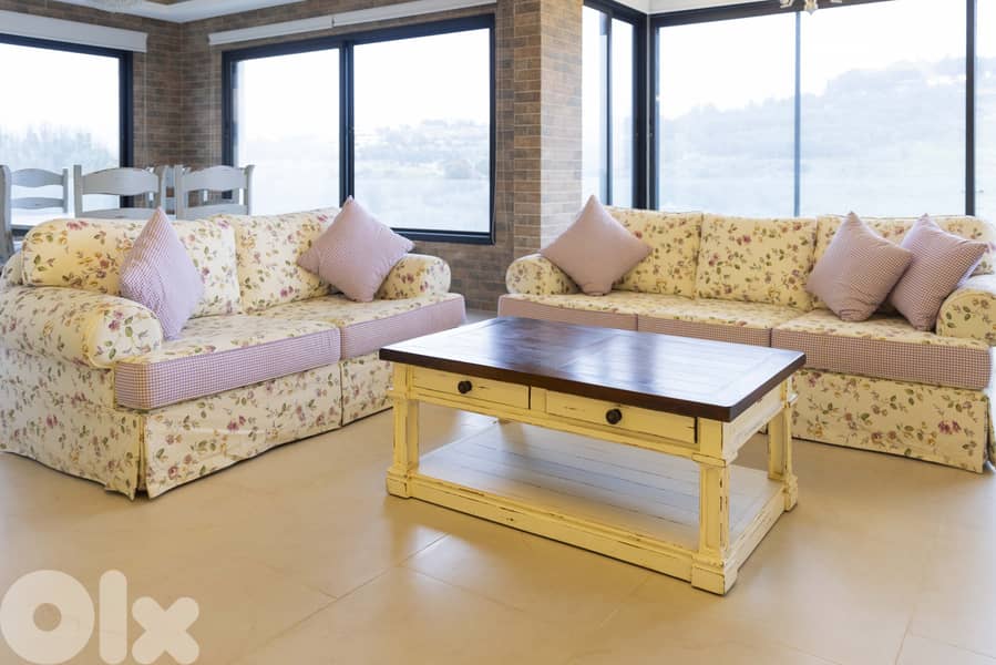 Salon Set: Floral 3-Seater & 2-Seater Sofas with Wood Coffee Table 6
