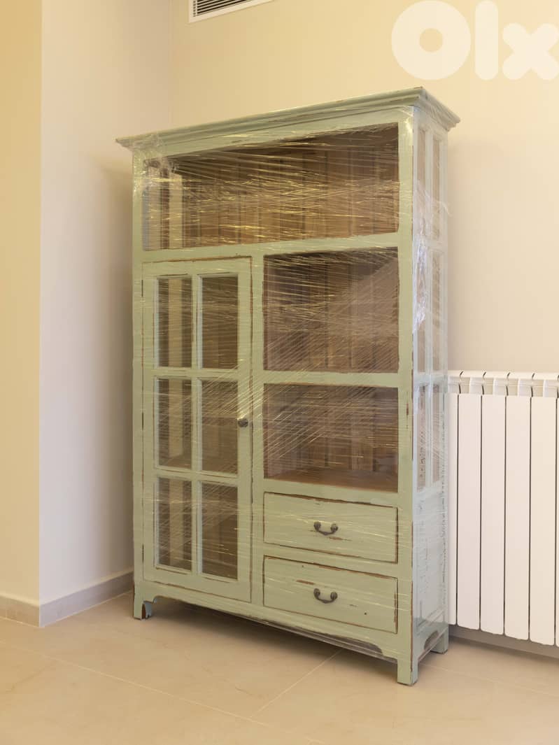 Rustic Olive Green Cabinet: Glass Door, Open Shelving & 2 Drawers 3