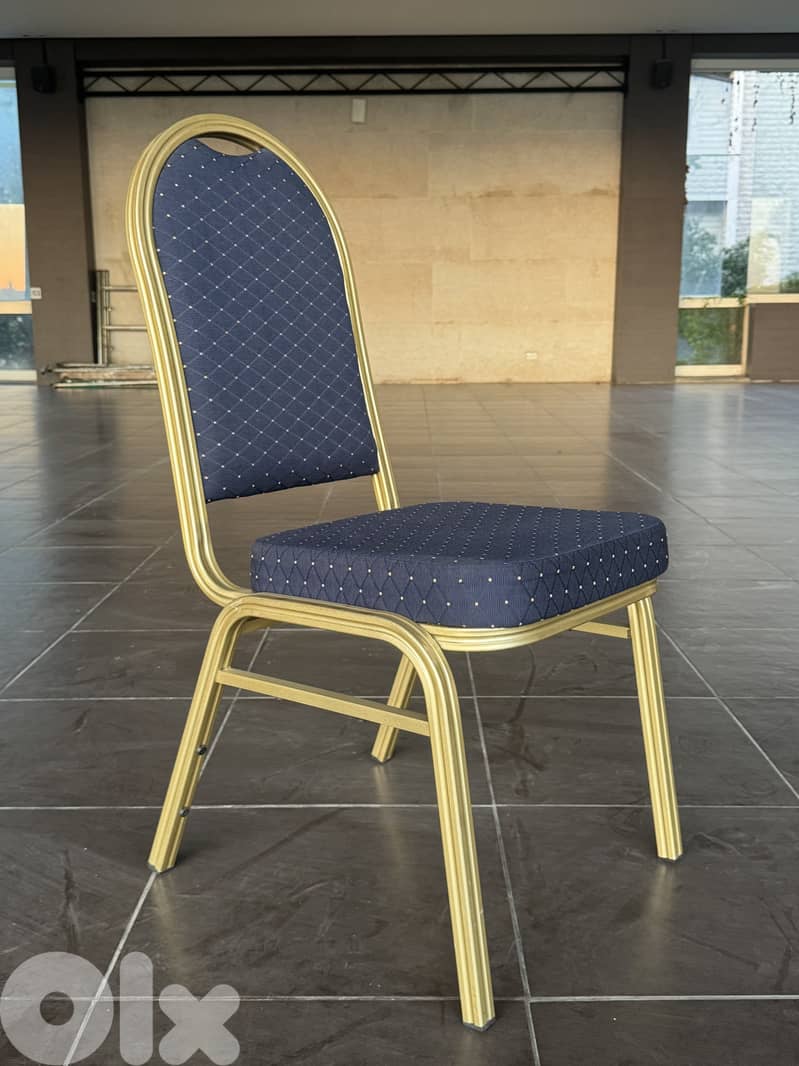 Banquet Stacking Dining Chair Navy Blue Gold Frame 0