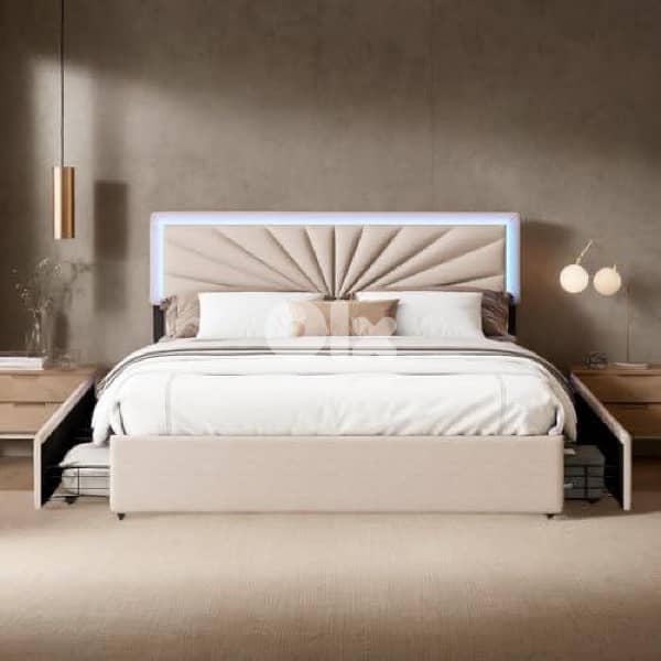 queen bed with led light and 4 drawers storage 0