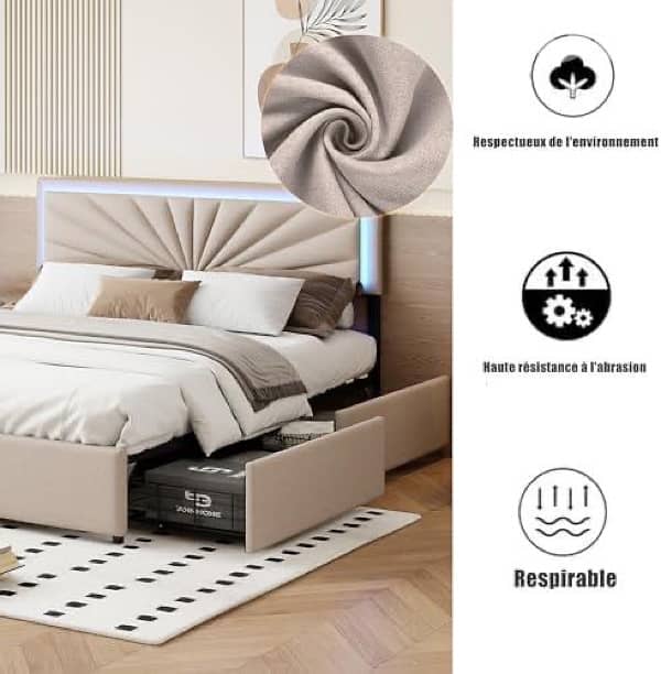 queen bed with led light and 4 drawers storage 2
