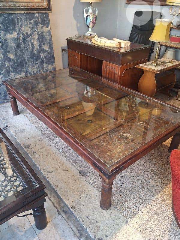 large antique rustic solid wood and bronze door coffee table 0
