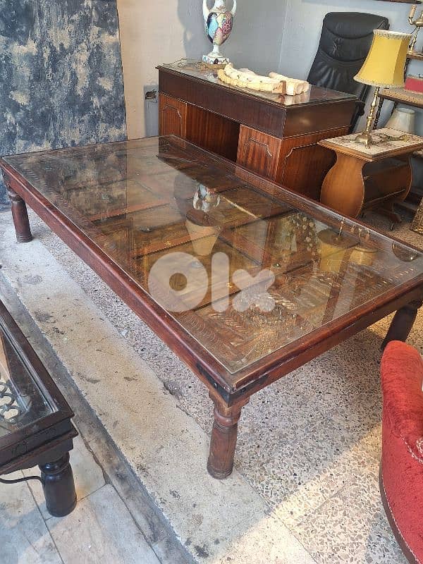 large antique rustic solid wood and bronze door coffee table 2
