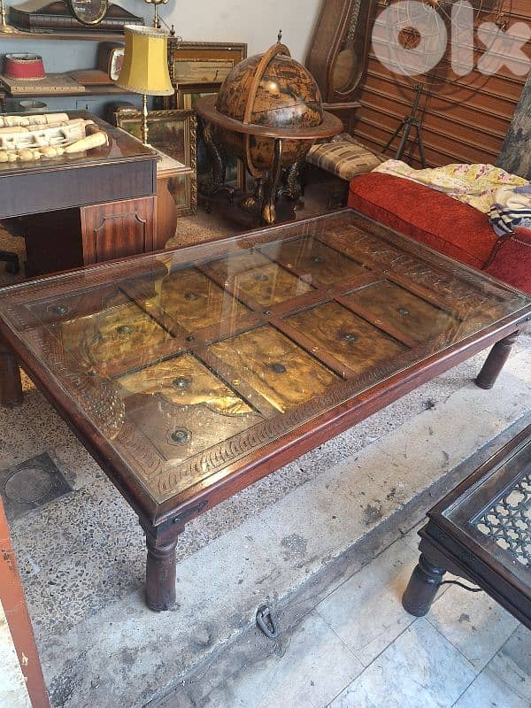 large antique rustic solid wood and bronze door coffee table 3