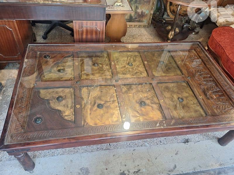 large antique rustic solid wood and bronze door coffee table 4