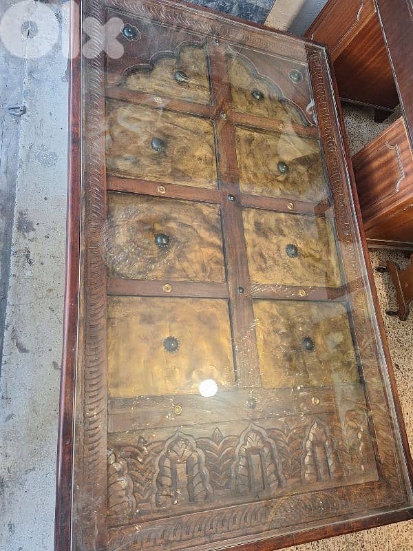 large antique rustic solid wood and bronze door coffee table 5