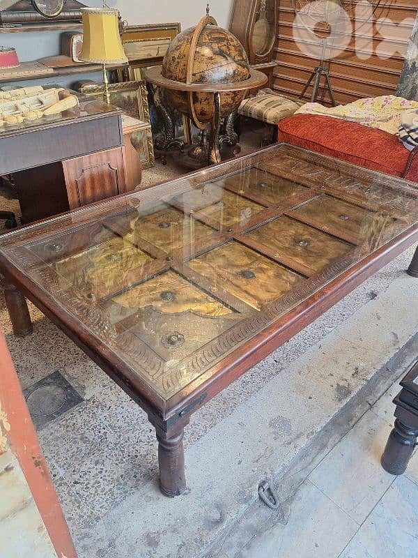 large antique rustic solid wood and bronze door coffee table 6
