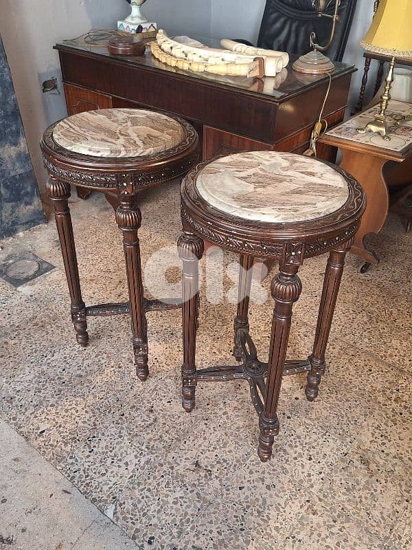 2 antique tall round solid wood and marble tables 0